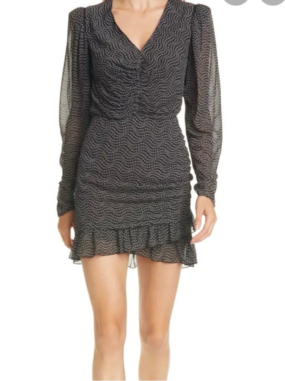 Black Printed Long-Sleeve Mini Dress with Ruffle Hem